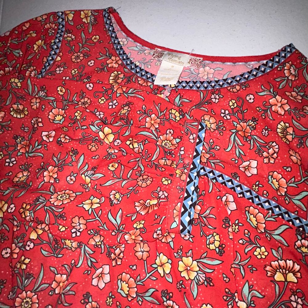 Flying Tomato Red Floral Balloon Sleeve Blouse Women Sz 1X